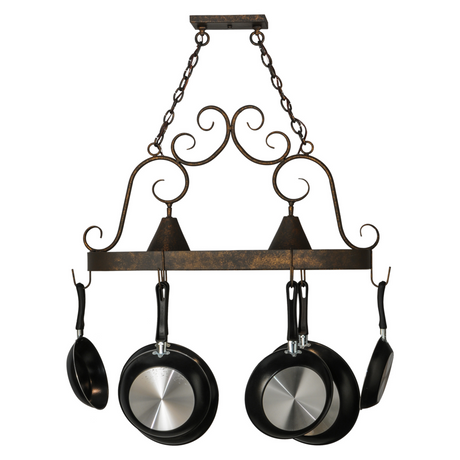 Decorative scroll accents on Elana pot rack close-up.