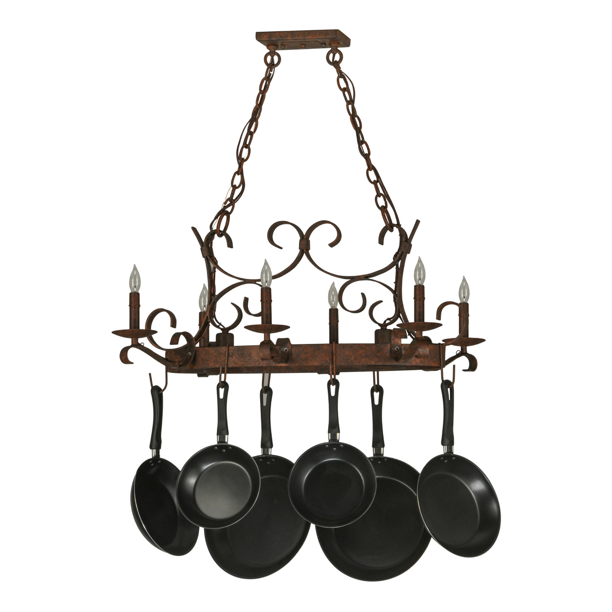 Rustic iron pot rack chandelier with scroll accents and hooks.