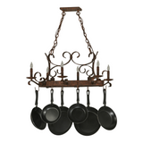 Rustic iron pot rack chandelier with scroll accents and hooks.