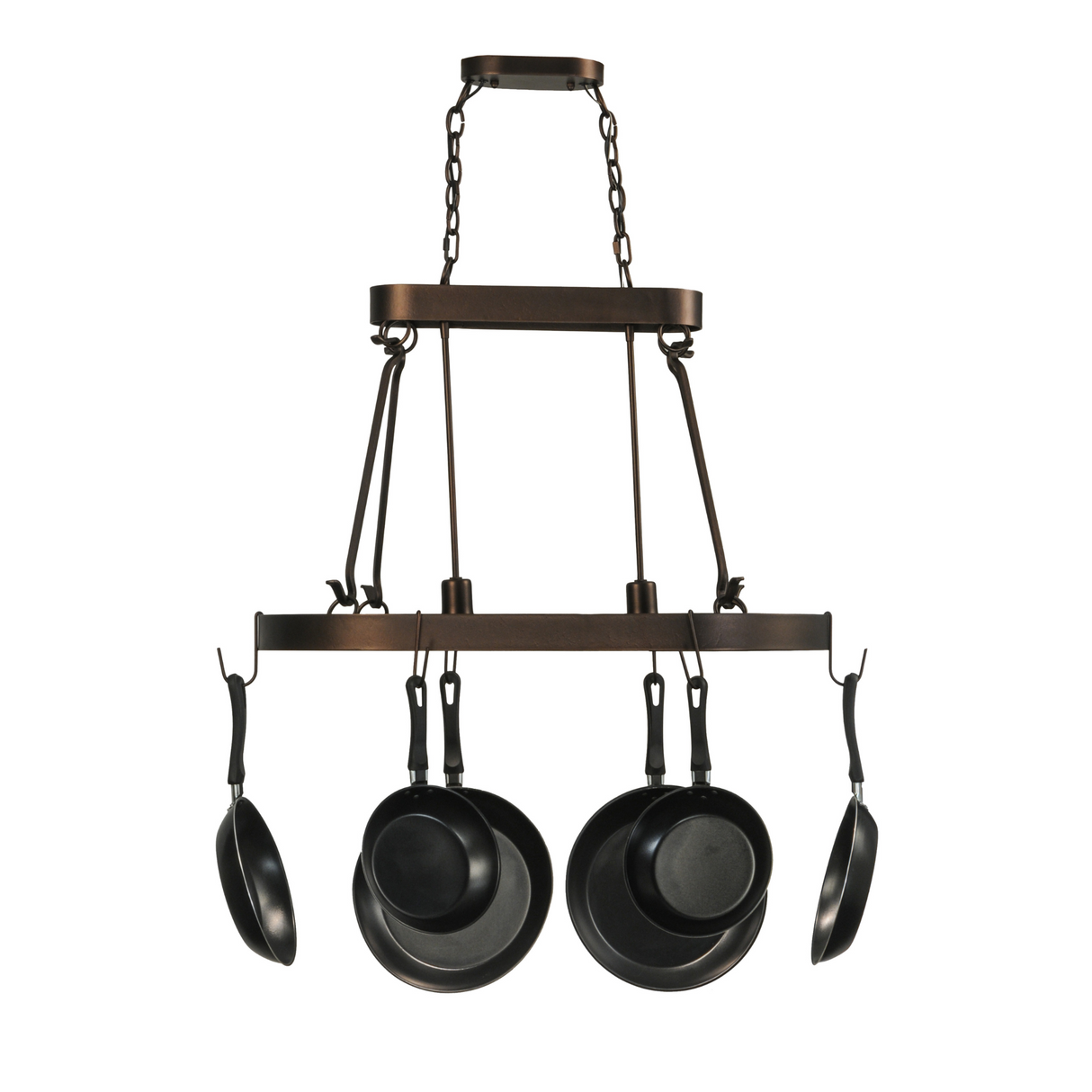 Rustic pot rack chandelier with cookware hanging.