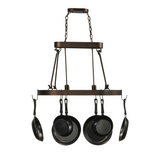 Rustic pot rack chandelier with cookware hanging.