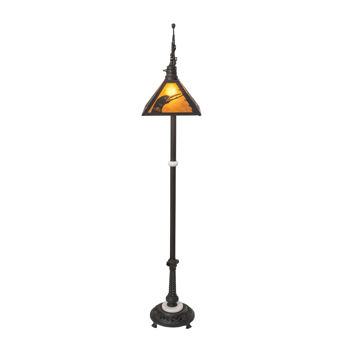 Full view of rustic floor lamp with amber mica panels illuminated.