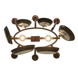 Bottom view of rustic oval pot rack with downlights.