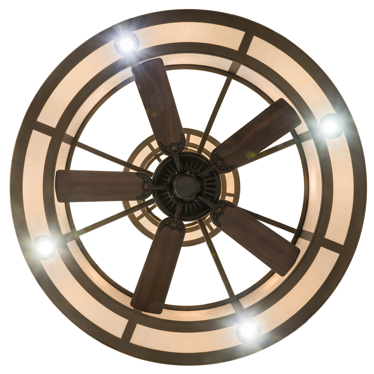 Bottom lit view revealing fan placement and circular light pattern.
