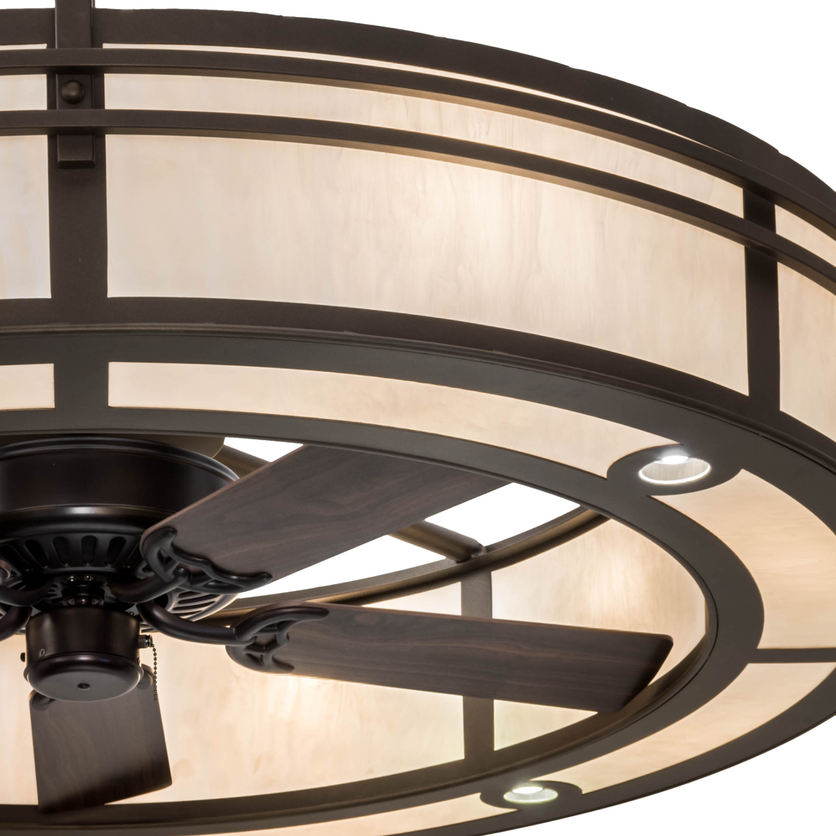 Closeup lit view showcasing detailed frame work and diffuser texture.