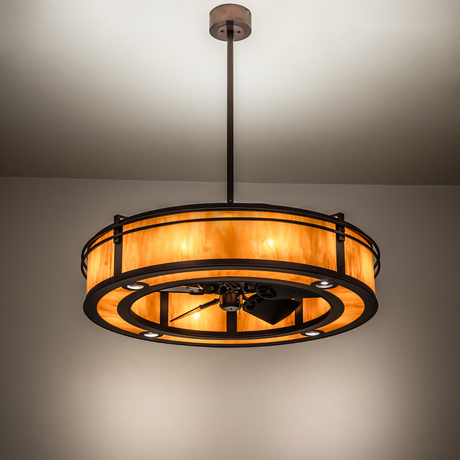 Ambient-lit view of Sargent chandelier fan glowing in bronze tones.