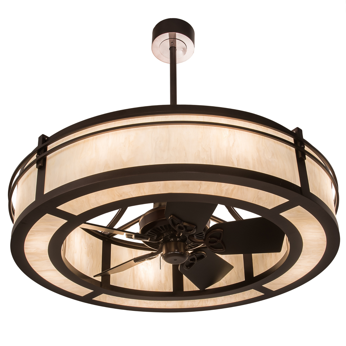 Angled bottom view showing fan blades and inner ring lighting.
