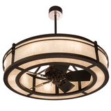 Angled bottom view showing fan blades and inner ring lighting.