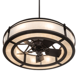 Bottom angle lit view showcasing fan blades and glowing circular frame.