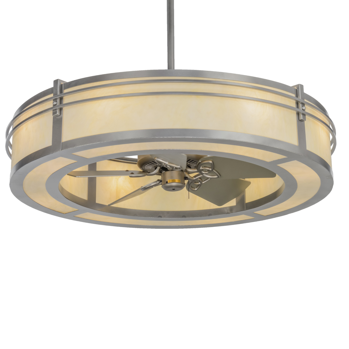 Bottom angle lit view showing integrated fan and light diffusion.