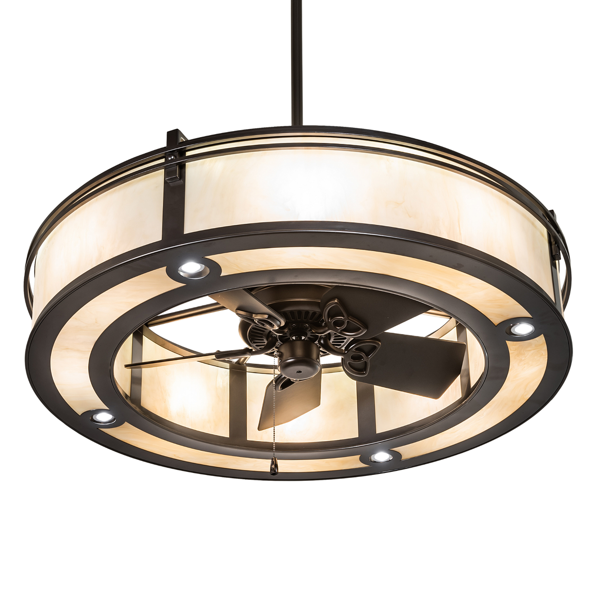 Bottom angle view showing fan blades and softly illuminated Idalight ring.