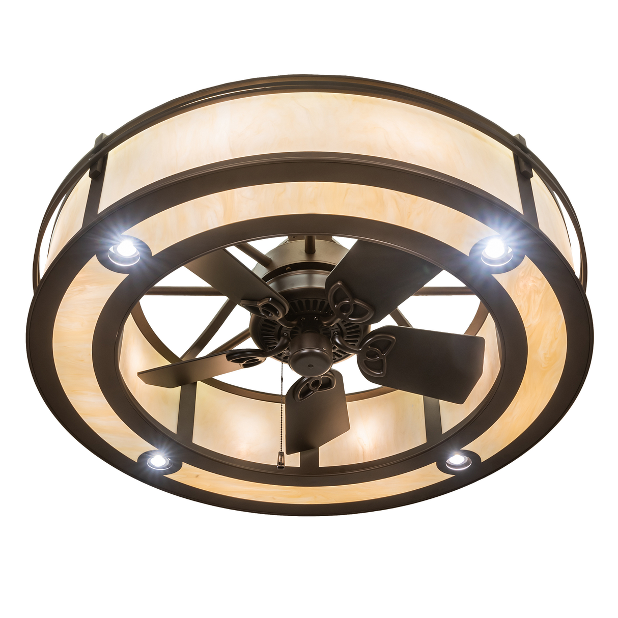 Bottom angle view highlighting fan blades, pull chain, and downlight design.