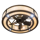 Bottom angle view highlighting fan blades, pull chain, and downlight design.