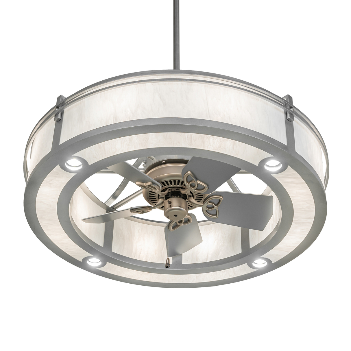 Sargent Chandel-Air bottom angle lit view displaying fan blades and bright downlights.