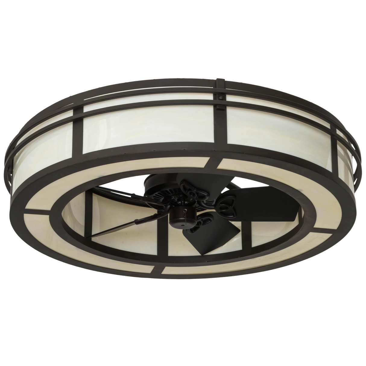 Unlit bottom angle showing bronze frame and fan detail.