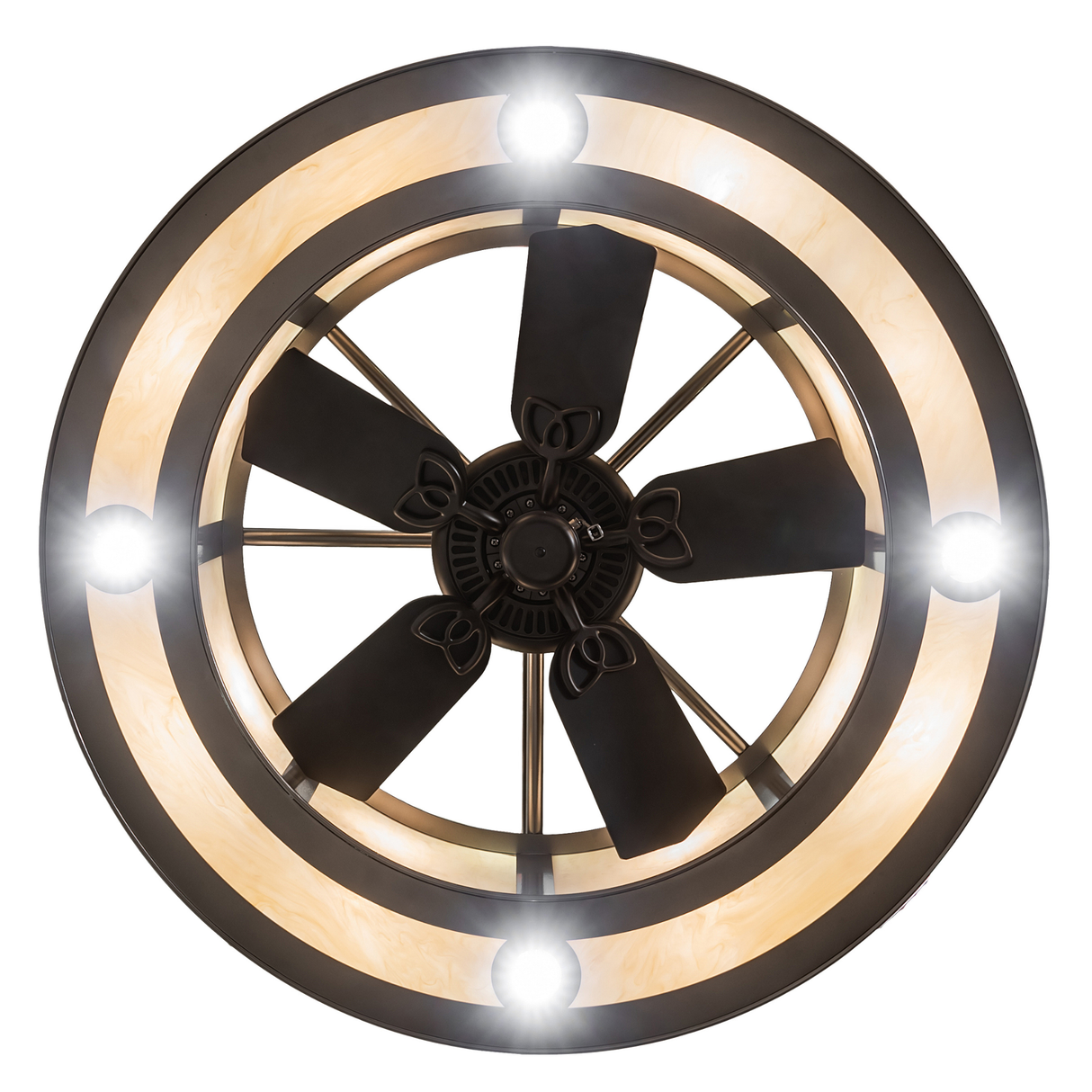 Direct bottom view showing five-blade fan within illuminated bronze ring.