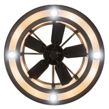 Direct bottom view showing five-blade fan within illuminated bronze ring.