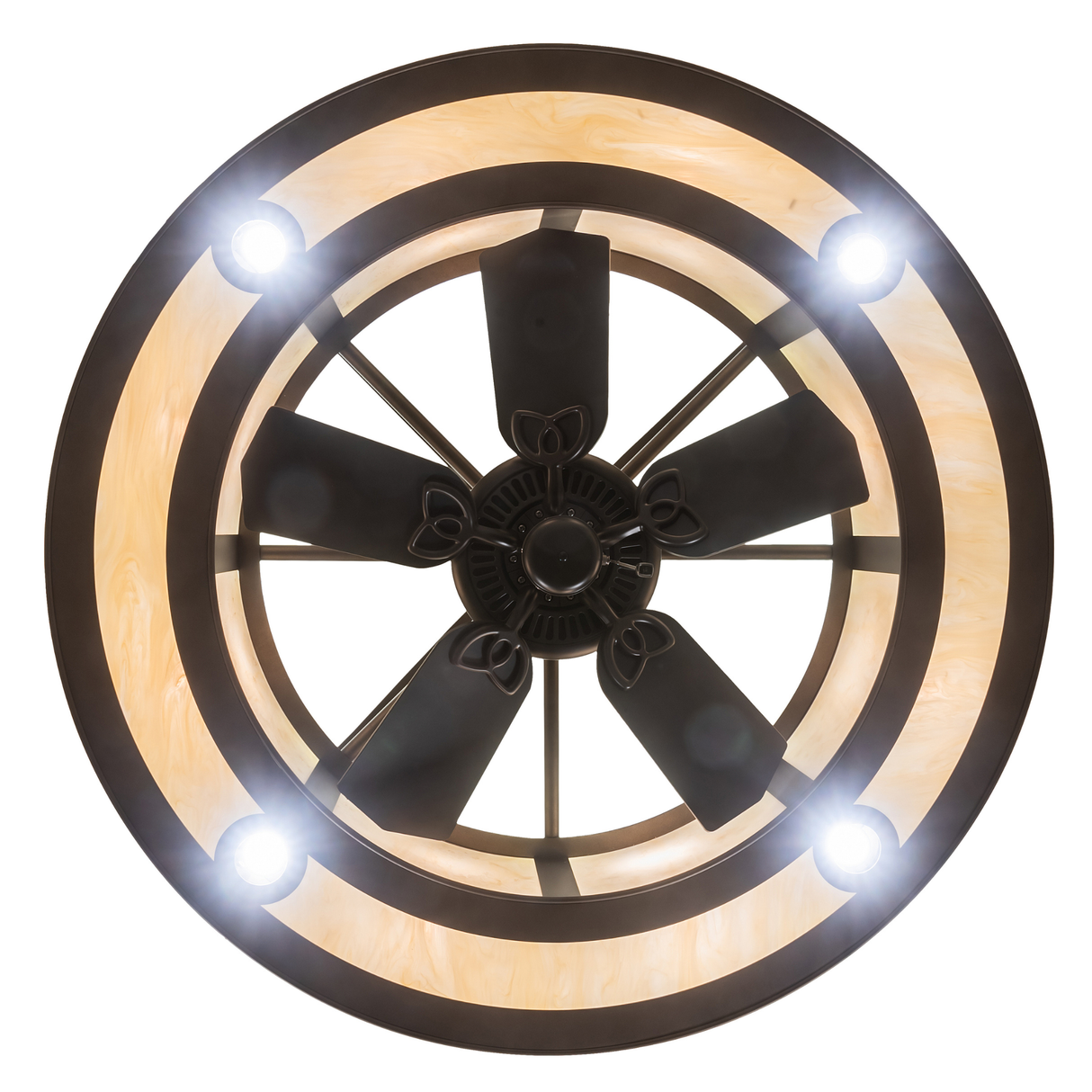 Direct bottom view showing fan center and evenly spaced downlights.