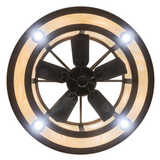 Direct bottom view showing fan center and evenly spaced downlights.