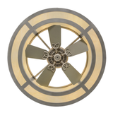 Bottom view showing fan blades within brushed nickel ring.