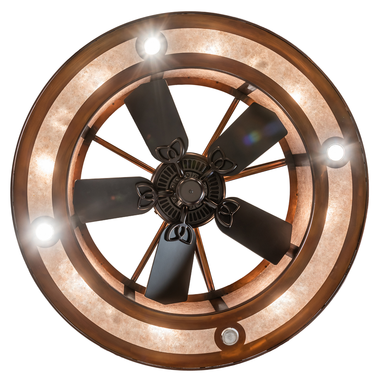Direct bottom view showing five fan blades and surrounding ring lights.