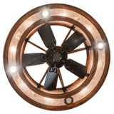 Direct bottom view showing five fan blades and surrounding ring lights.