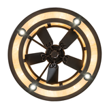 Bottom view displaying fan blades surrounded by illuminated circular diffuser.