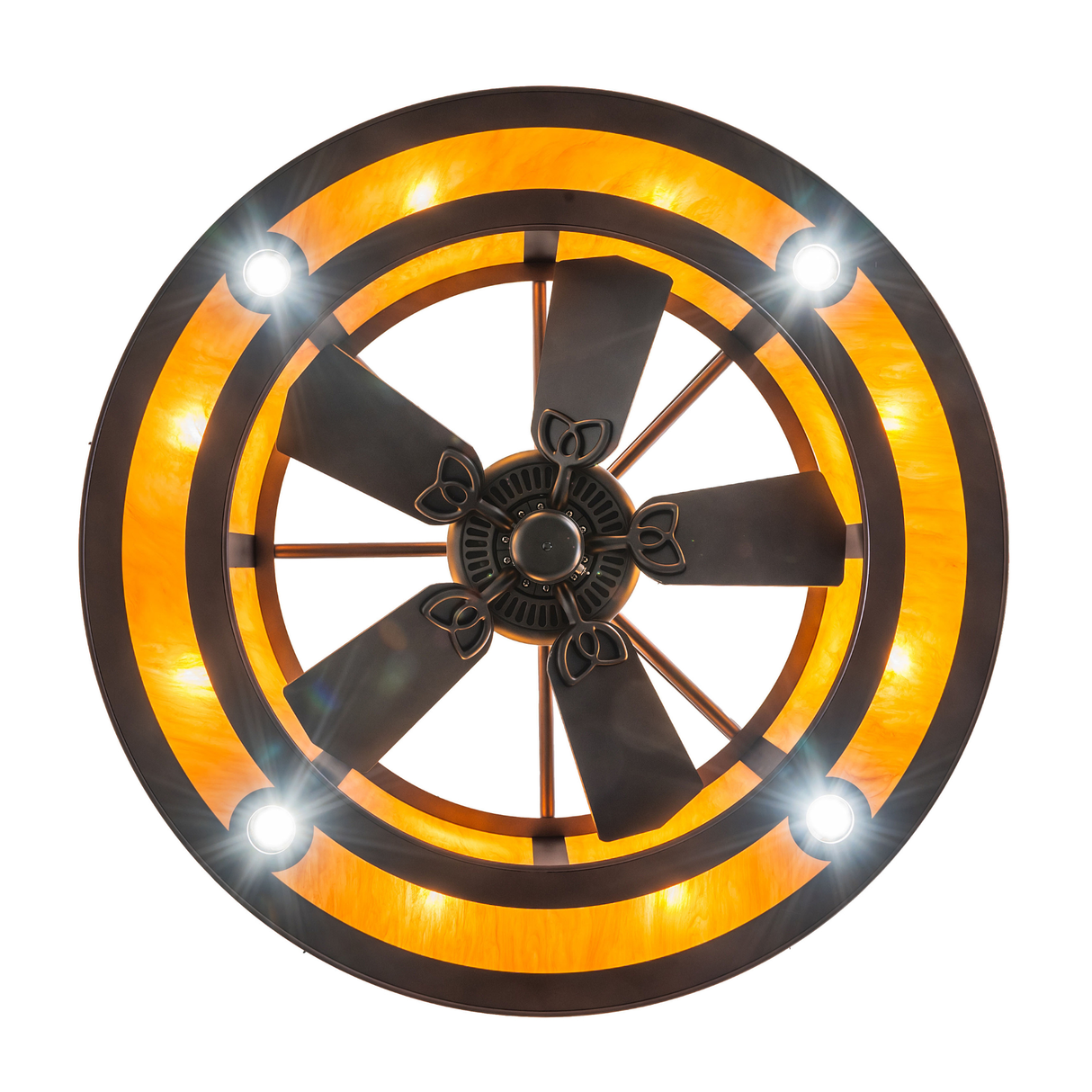 Bottom view highlighting fan blades and circular light pattern.
