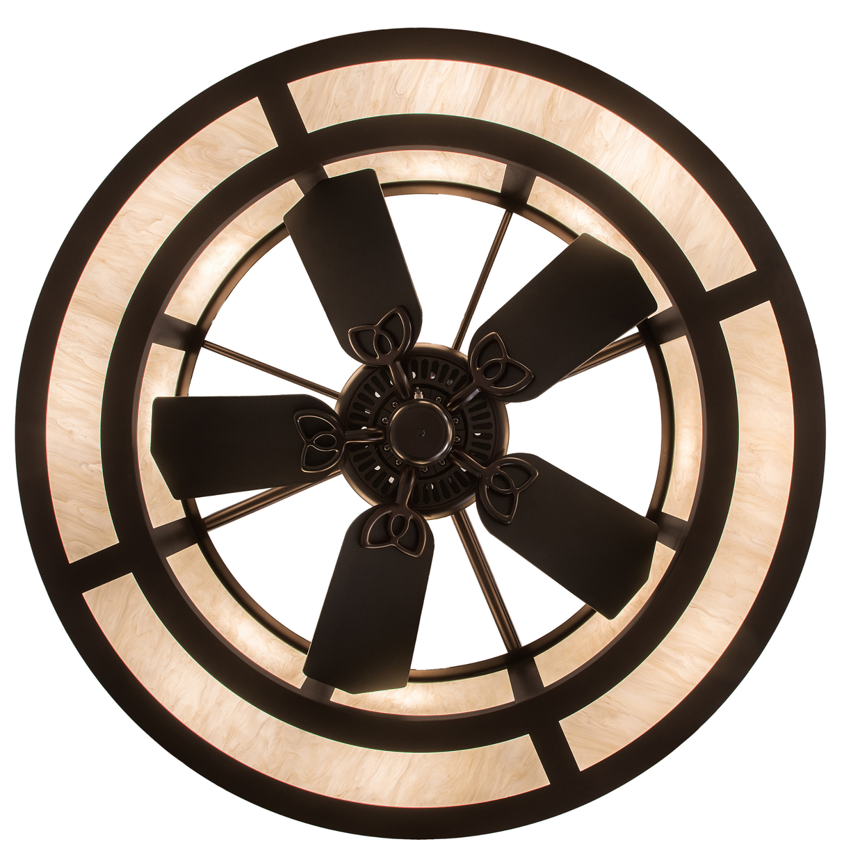 Bottom view showing symmetrical fan blade layout and soft lighting.