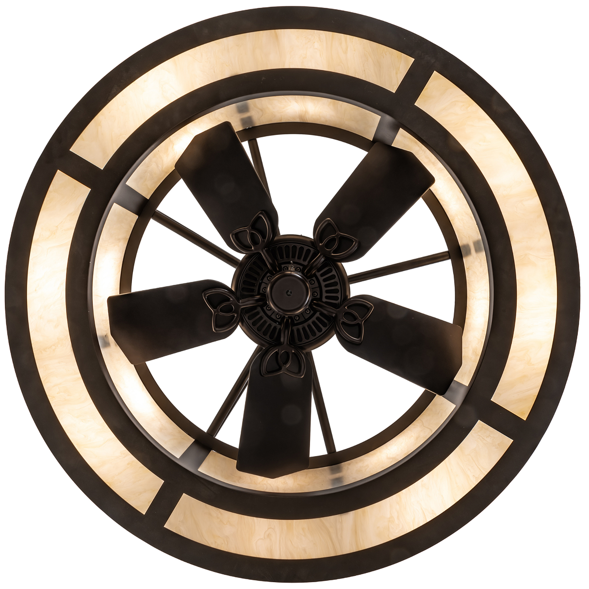 Bottom lit view showing fan arrangement and concentric diffuser design.