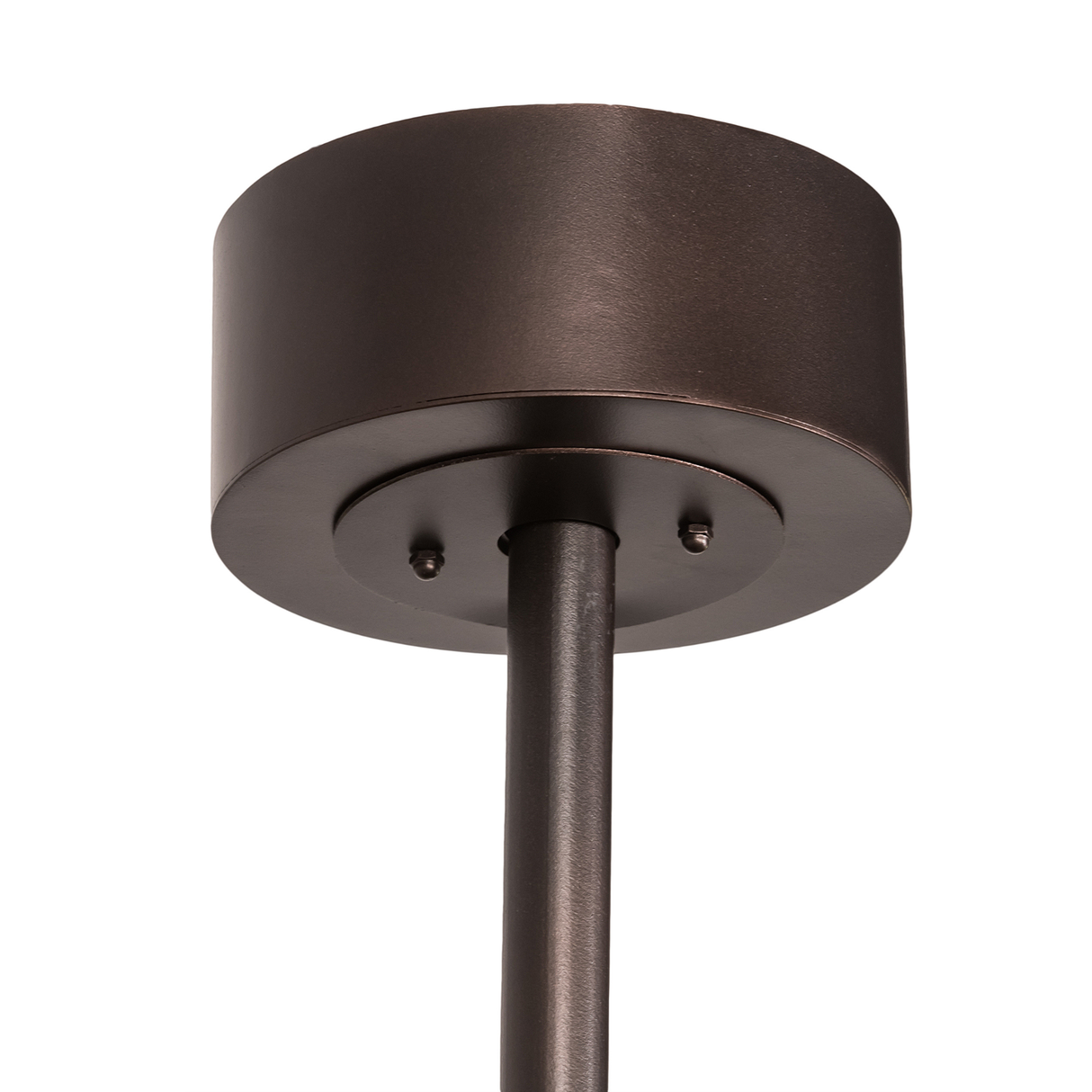Closeup of ceiling canopy and downrod in Mahogany Bronze finish.