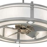 Closeup of Sargent Chandel-Air showing brushed metal fan blades and illuminated diffuser.