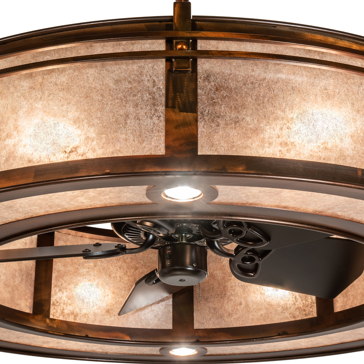 Close-up showing integrated fan with black blades beneath mica diffuser.
