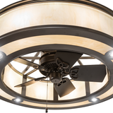 Closeup of fan motor and pull chain integrated into chandelier housing.