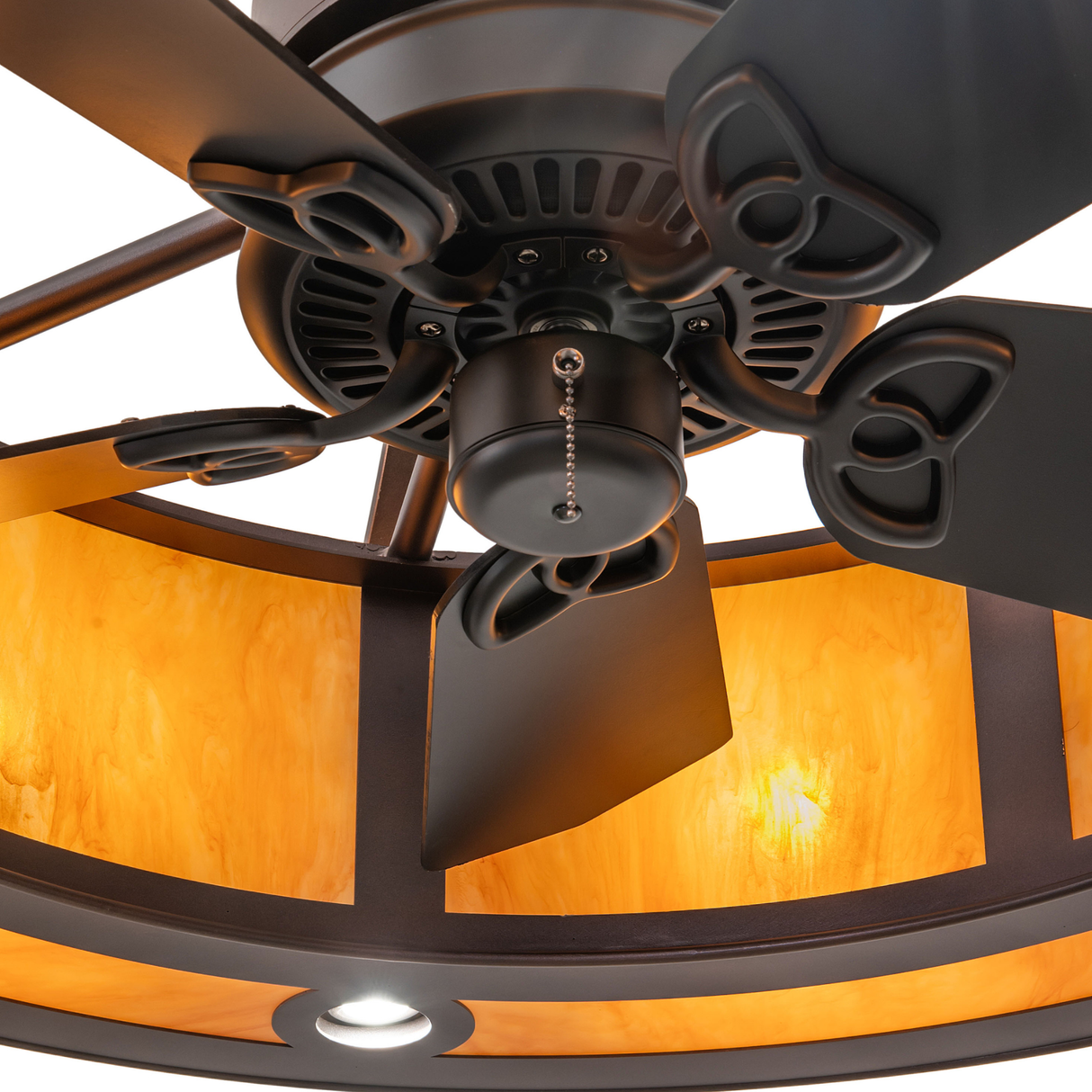 Close-up of Sargent Chandel-Air fan showcasing bronze blades and Ambra Siena Idalight panels.