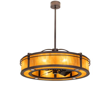Front view of Sargent chandelier fan with Ambra Siena Idalight panels.
