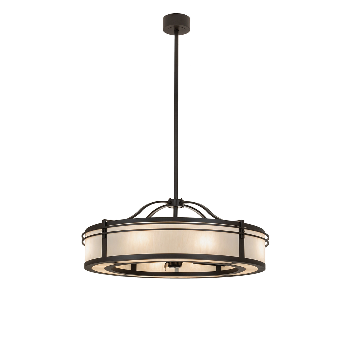 Full lit view of Sargent Chandel-Air suspended from ceiling with bronze mount.
