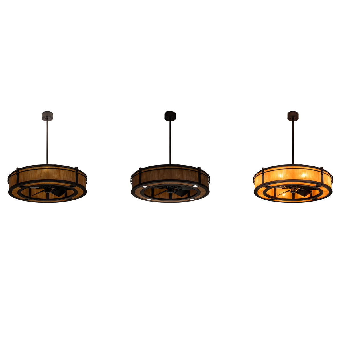 Three-stage lighting view of Sargent chandelier fan showing off, dim, and fully illuminated modes.
