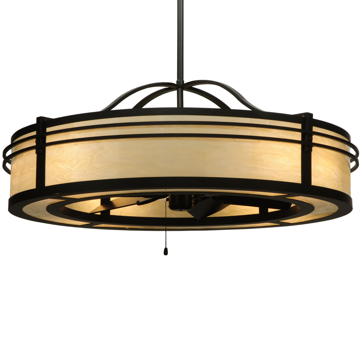 Angled lit view of Sargent Chandel-Air showing bronze rings and glow.