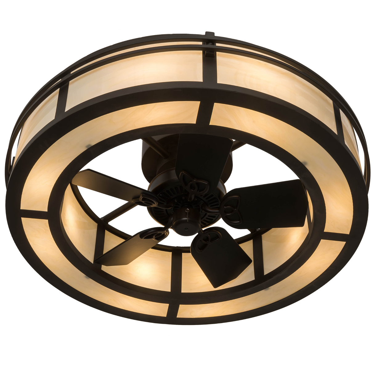 Lower angled lit view highlighting illuminated Idalight diffuser and fan assembly.