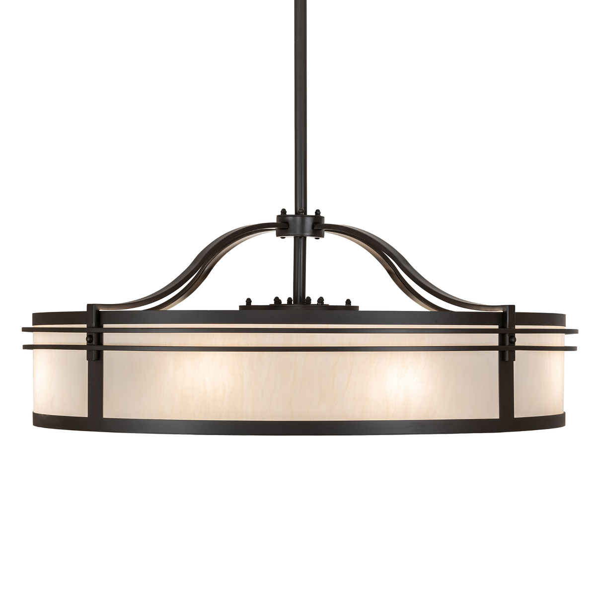 Side lit view emphasizing layered lighting and bronze frame detailing.