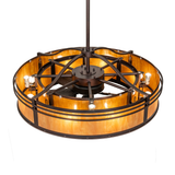 Top angle view of Sargent chandelier fan with warm amber illumination.
