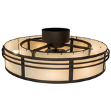 Top angled lit view highlighting round diffuser and bronze accents.