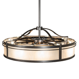Top angle view showing light structure, fan mount, and handcrafted hardware.