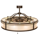 Top angle showing multiple light layers and fan integration under bronze frame.