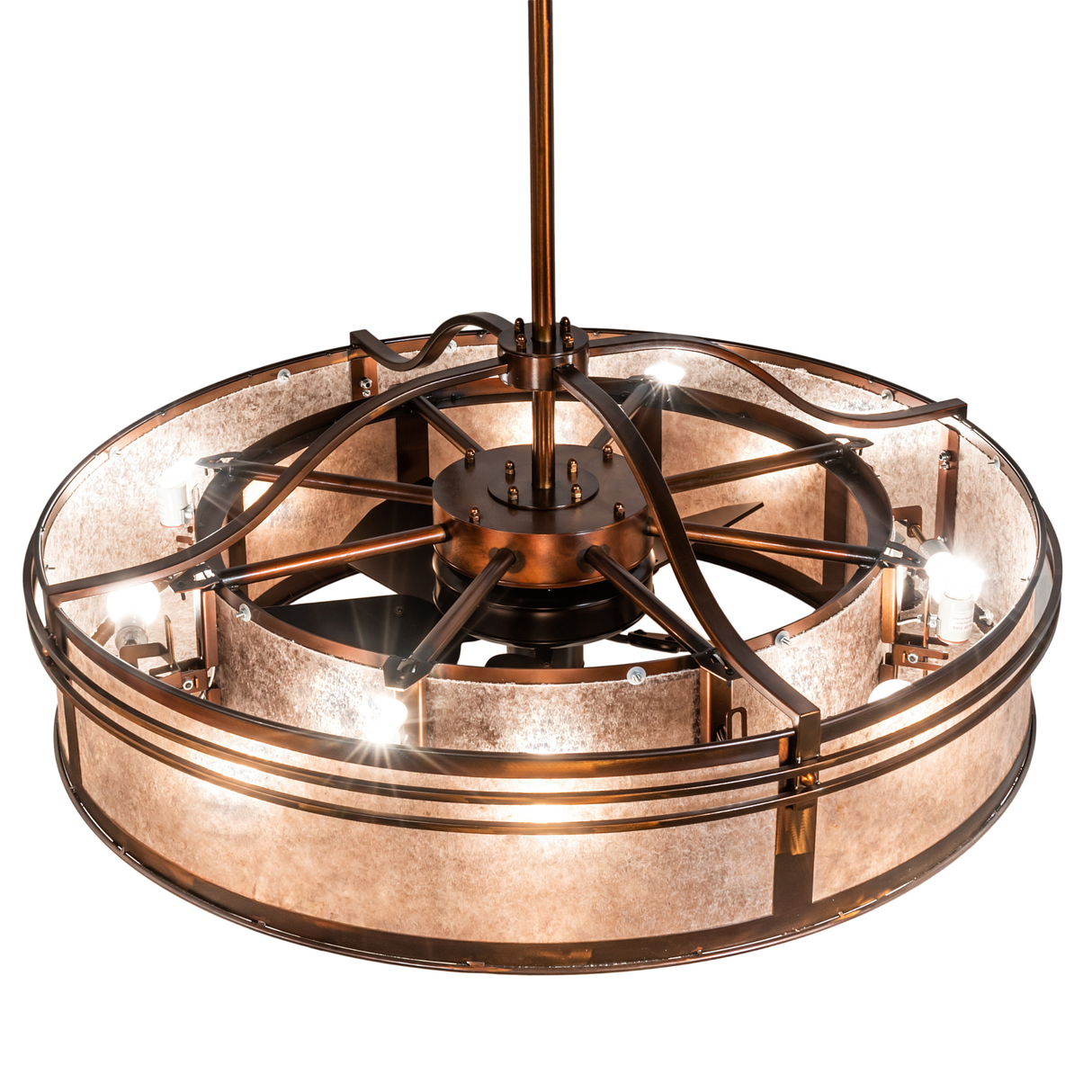 Angled top view showing metal frame, fan mount, and bulb arrangement.