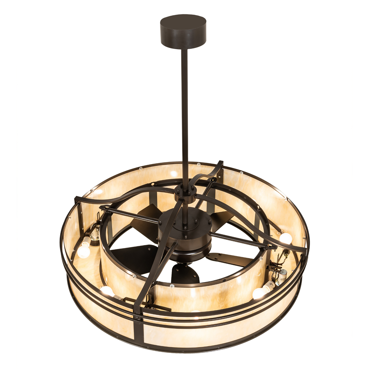Top view revealing inner fan blades and circular lighting ring design.