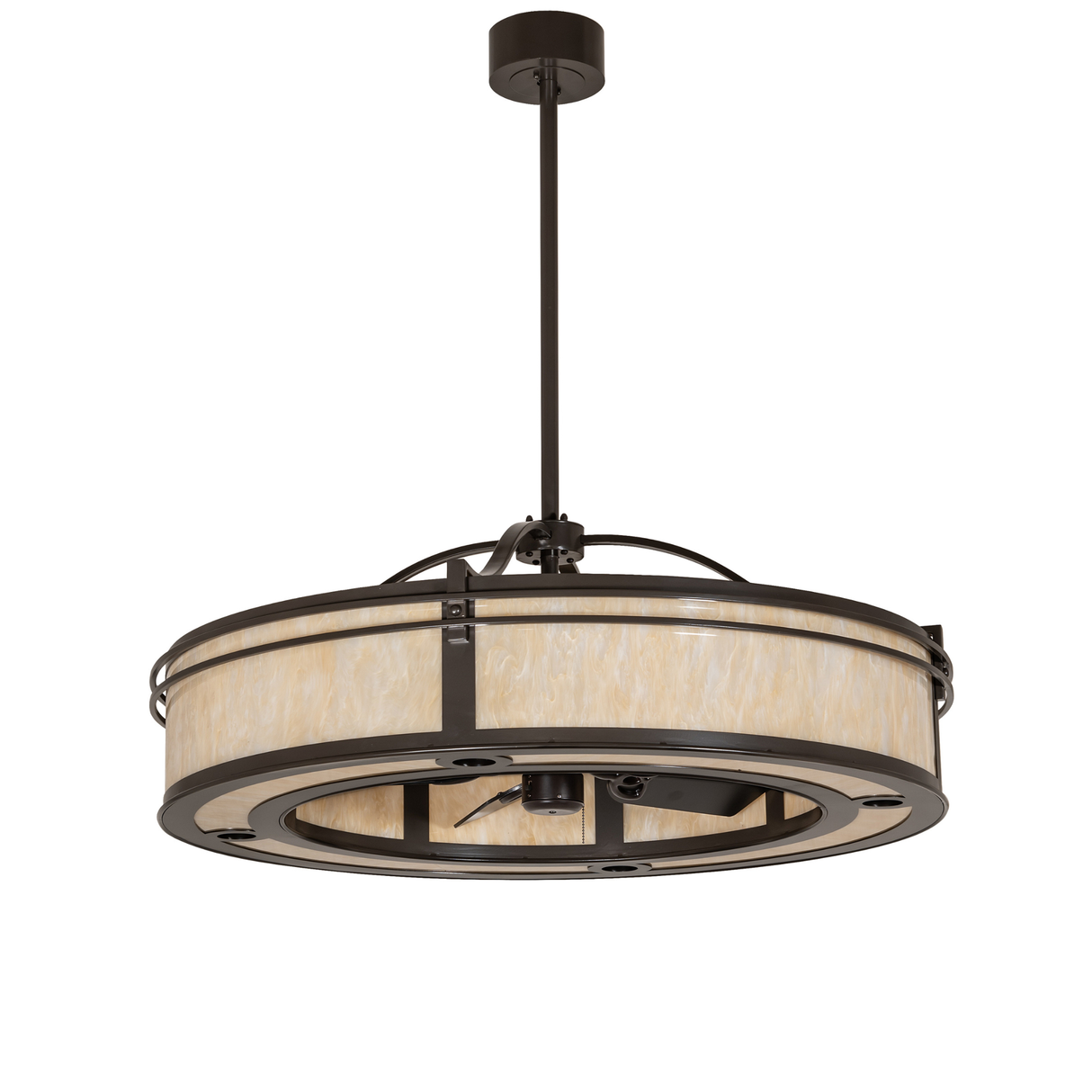 Sargent chandelier fan showcasing bronze framework and elegant diffuser design.