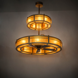 Sargent chandelier fan glowing softly with layered lighting.