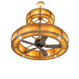 Bottom angle showing fan blades and glowing amber lens panels.